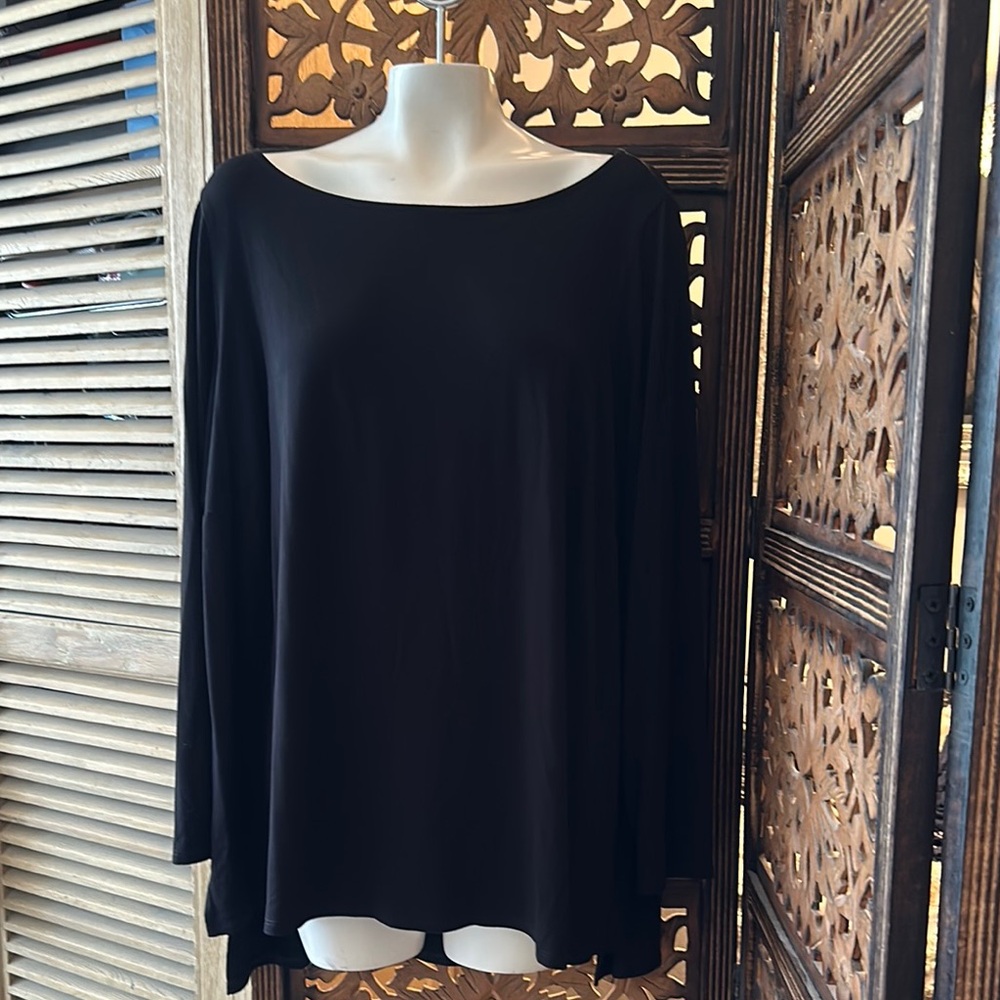 Eileen Fisher Woman Black Stretch Jersey Knit Crew Neck Long Minimalist Shirt.